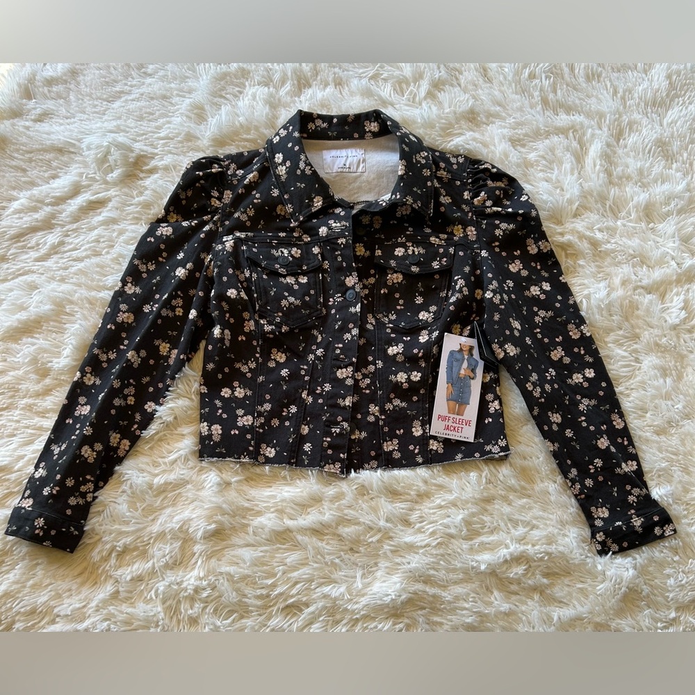 Celebrity Pink | Black Denim Puff Sleeve Jean Jacket with Floral Print - Picture 3 of 11